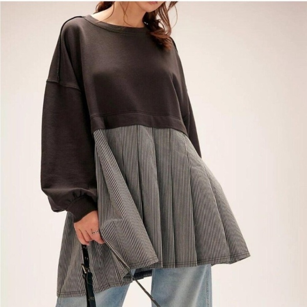 Free People Black Top with Pinstripe Skirted Hem